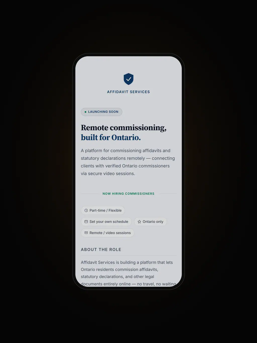 Affidavit Services: Remote commissioning for Ontario affidavits and statutory declarations, over secure video.