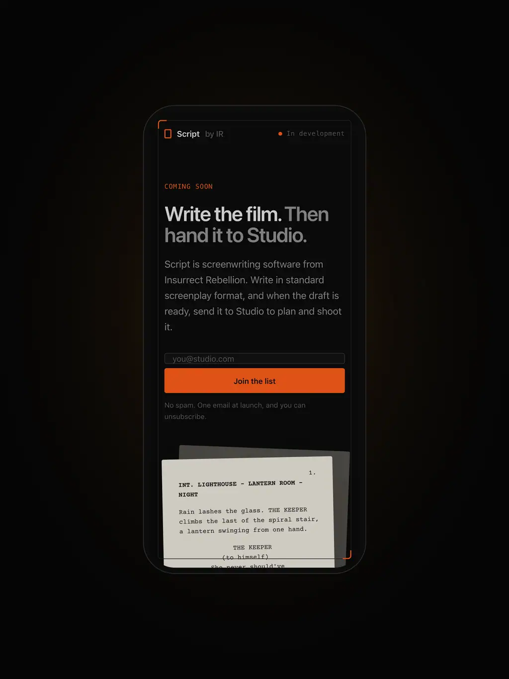 Script by Insurrect Rebellion: Screenwriting software. Write the film, then hand it to Studio to plan and shoot.