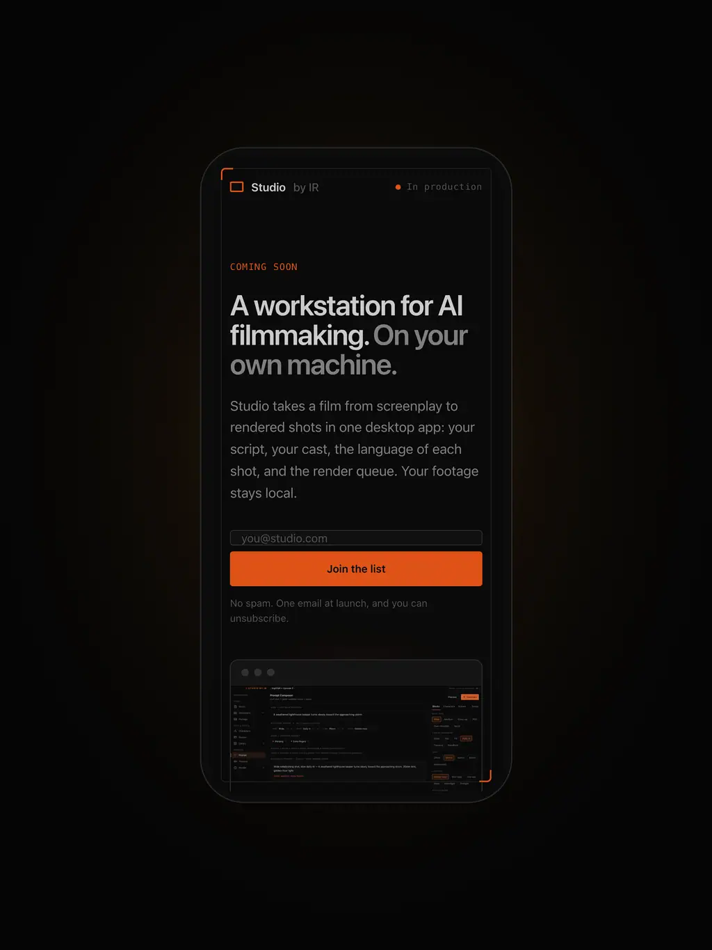 Studio by Insurrect Rebellion: A desktop workstation for AI filmmaking. Your footage stays on your own machine.